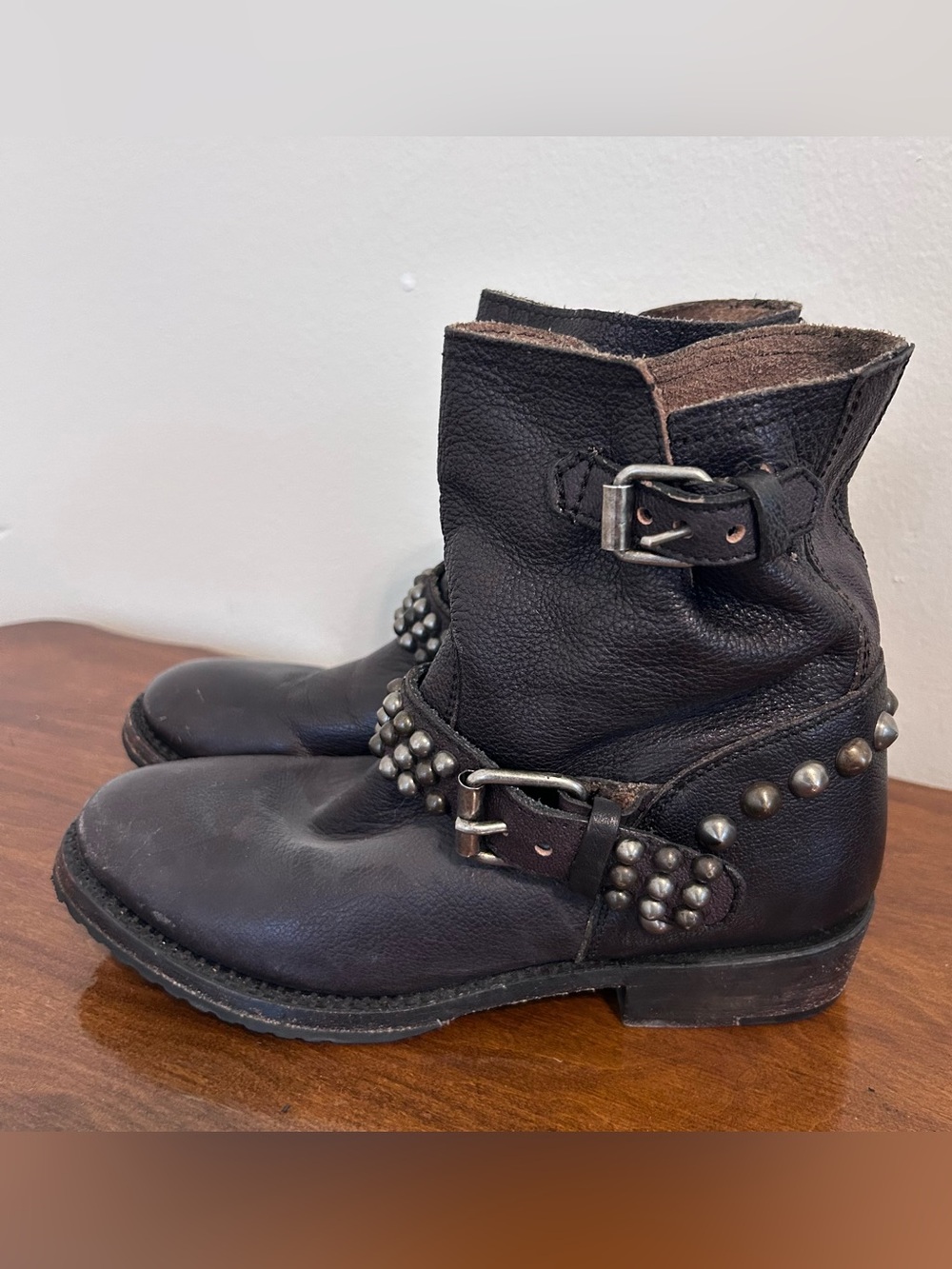 ASH Vicious Studded Dark Brown Leather Moto Buckle Ankle Boots size 39